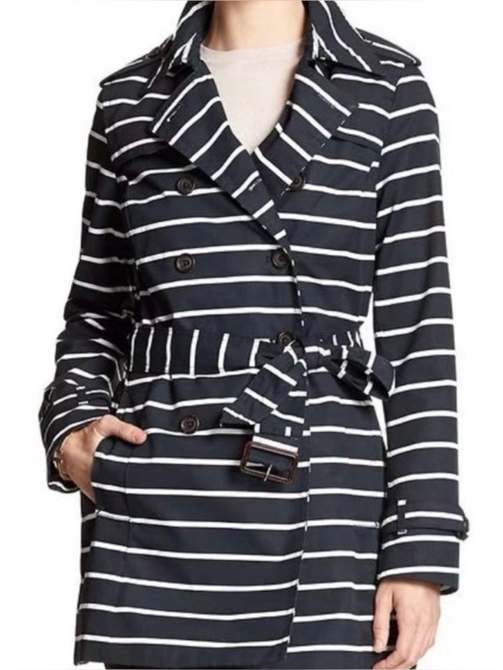 Banana Republic Navy & White Striped Double-Breasted Trench Coat - Size Small
